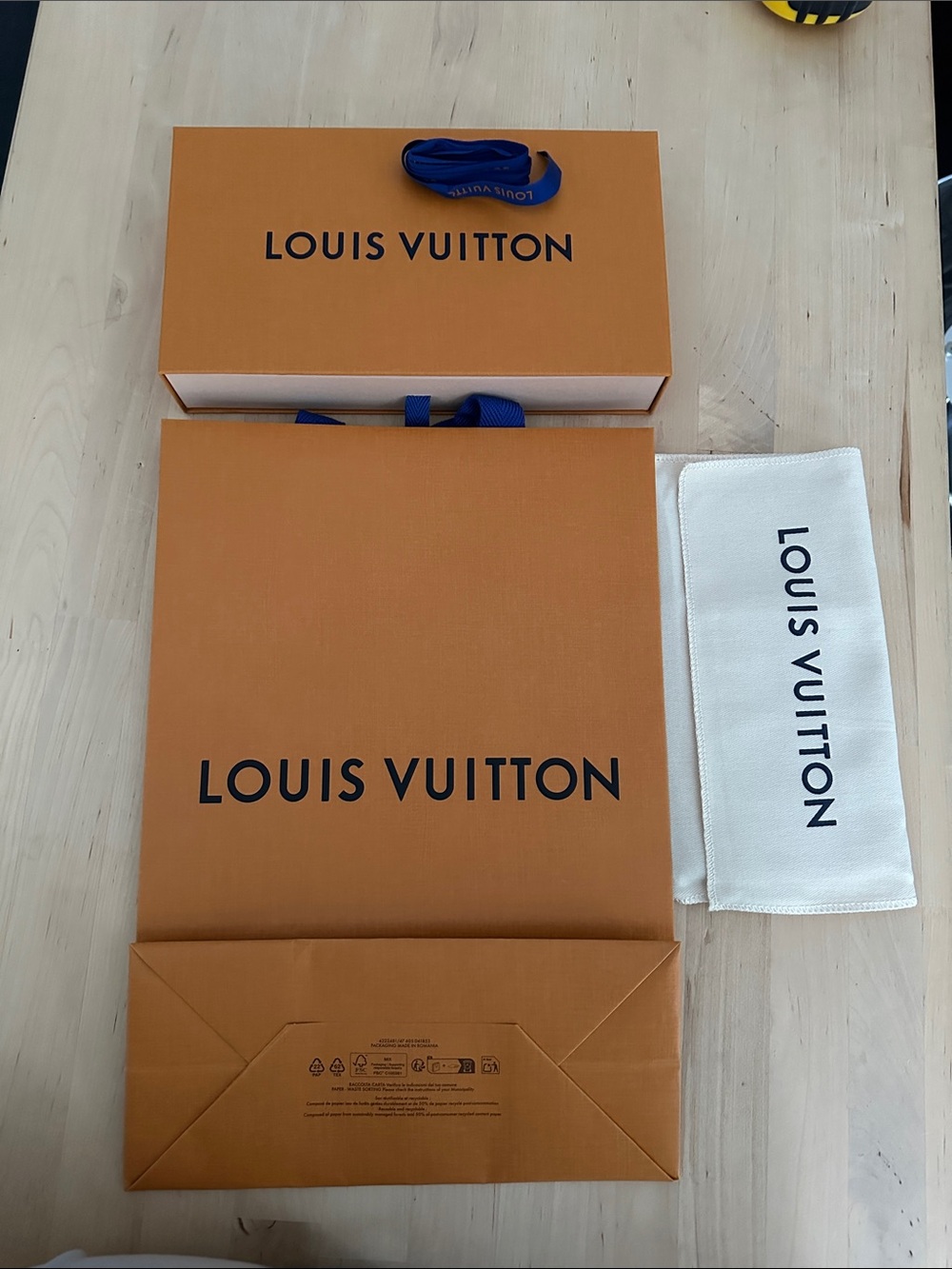 Louis Vuitton Orange Boxes with Blue Ribbon and Cream Dust Sleeve